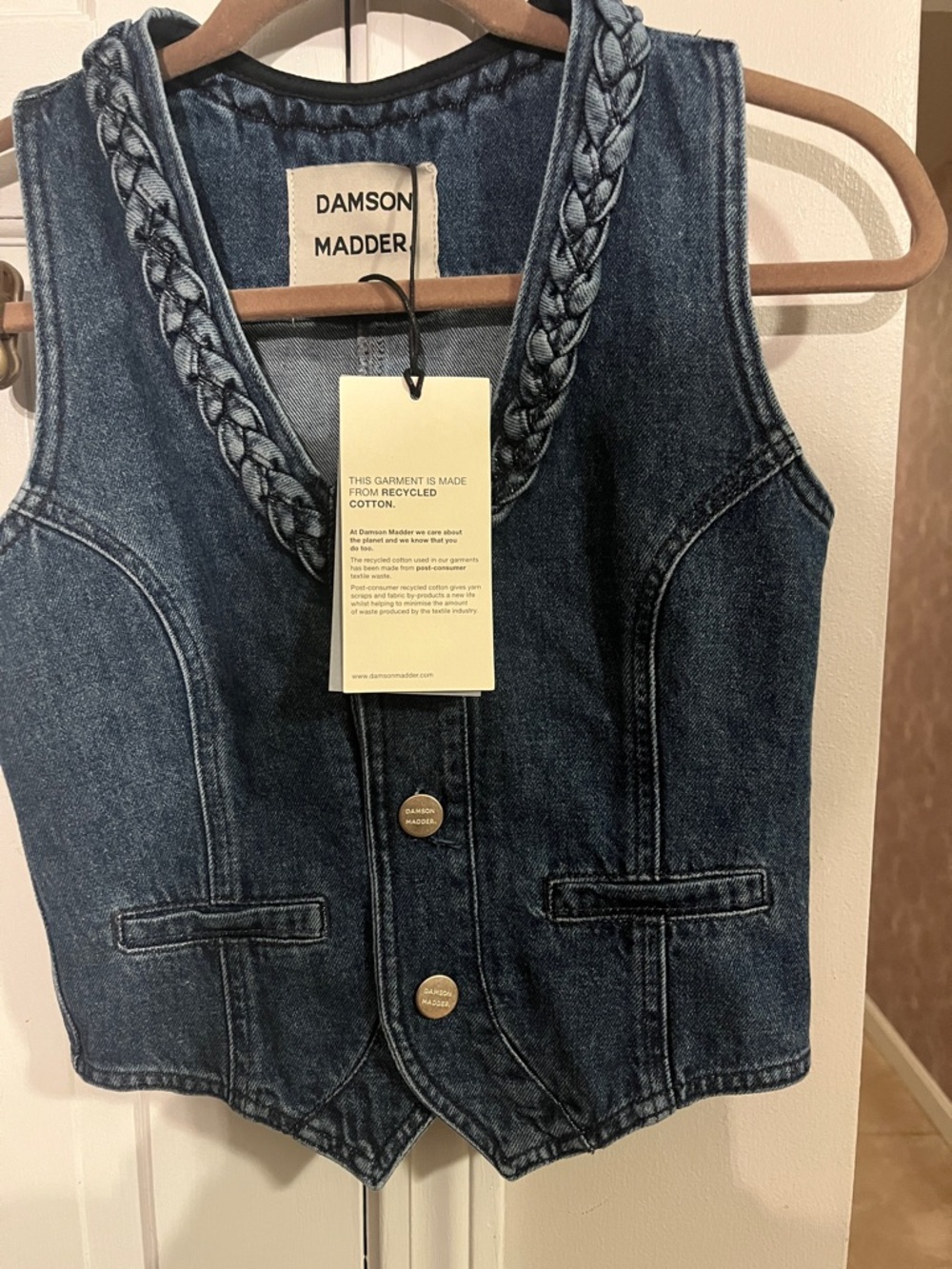 Damson Madder Women's Indigo Denim Vest with Braided V-Neck
